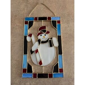 Stained Glass Snowman Window Hanging Christmas Decor Winter Holiday Art